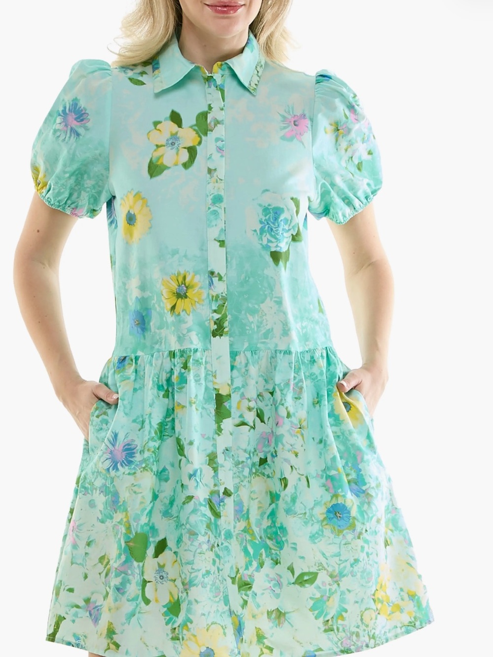 NWT $159 Nicole Miller Mint Floral Shirtdress Button Down 12 Green Watercolor